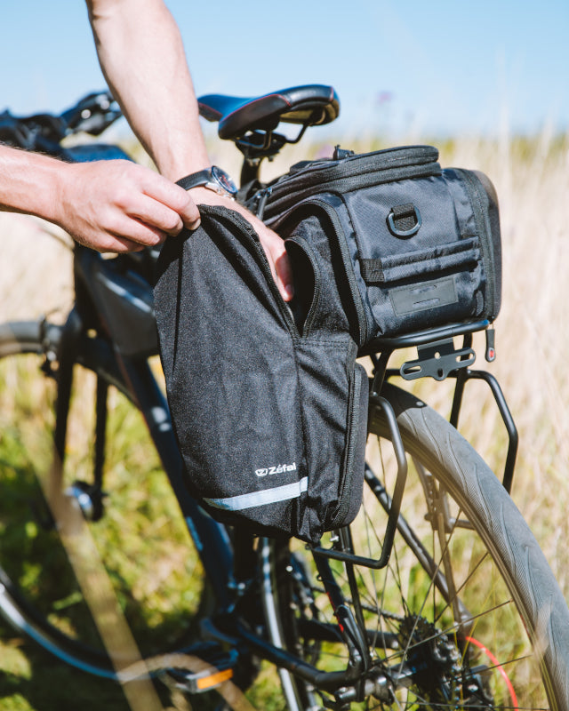 Load image into Gallery viewer, Zefal Z Traveler 80 Rear Carrier Bag - Unzipped In Use
