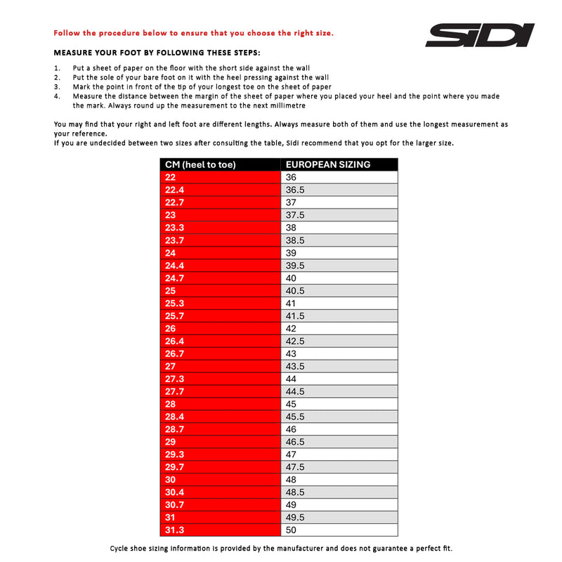 Load image into Gallery viewer, SIDI Cycle Regular Fit - Size Chart

