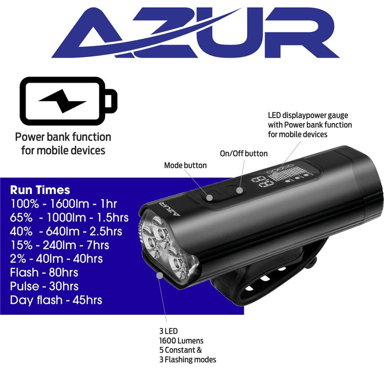 Load image into Gallery viewer, Azur USB Polix 1600 Lumen Bike Light with Power Bank

