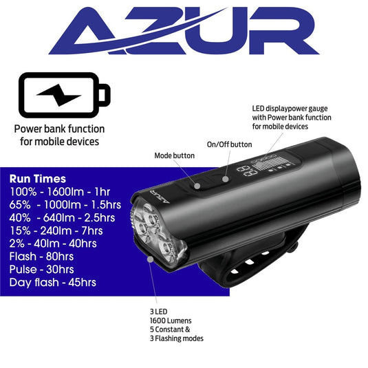 Azur USB Polix 1600 Lumen Bike Light with Power Bank