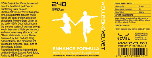 NZVel Enhance Formula Deer Velvet - 240 Capsules