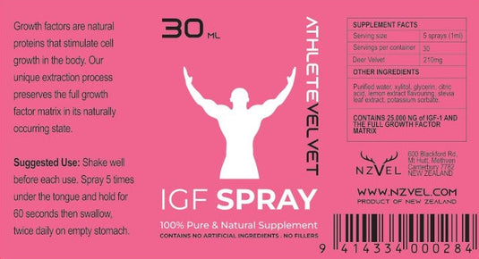 NZVel IGF-1 Athlete Formula Deer Velvet Spray - 25,000NG 30ml